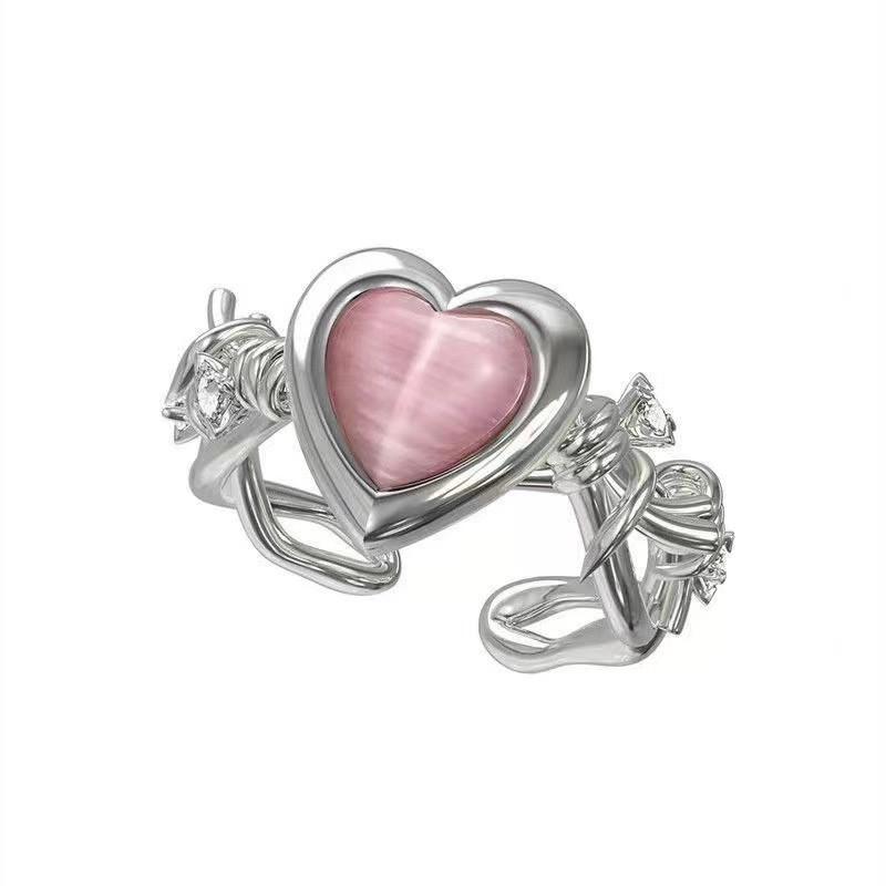 Heart Open Rings For Women Korea Geometric Crystal Moonstone Gothic Finger Ring Y2K Accessories Trendy Aesthetic Jewelry Gift