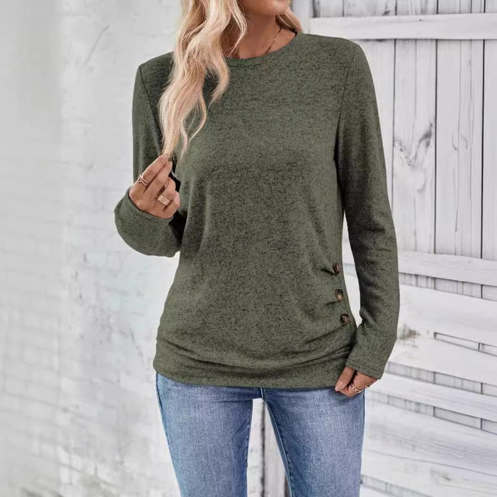 Women's Button Decor Ruched T-Shirt Casual Long Sleeve Top For Spring & Fall Women's Clothing
