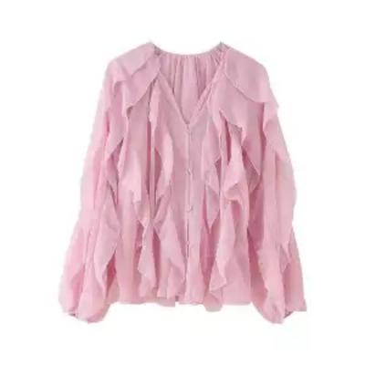 2025 Neue Herbst Damenmode Lagenlook Dekorative Lockere Lotusblatt Langarm Bluse Tops