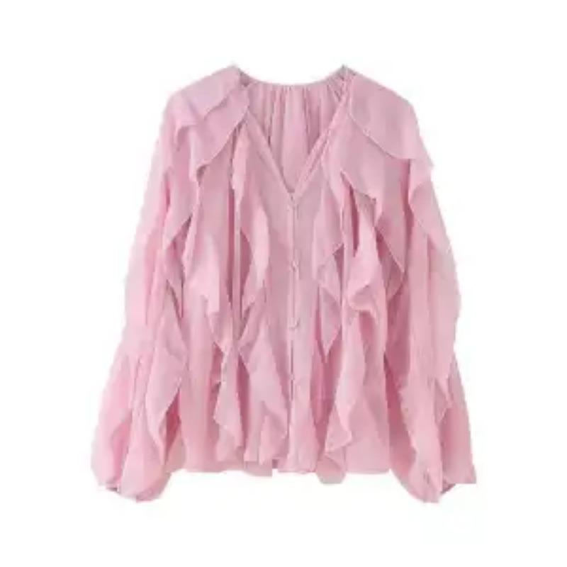 

2025 Новая осенняя женская модная многослойная декоративная свободная блузка с длинными рукавами и рукавами-лепестками лотоса S розовый