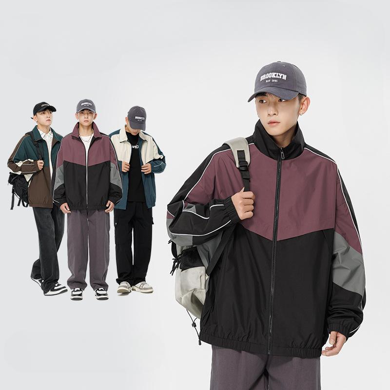 Fashion Brand American Retro Color Contrast Splicing Stand Collar Jacket Men and Women's New Autumn Loose Trend Couple Casual Coat