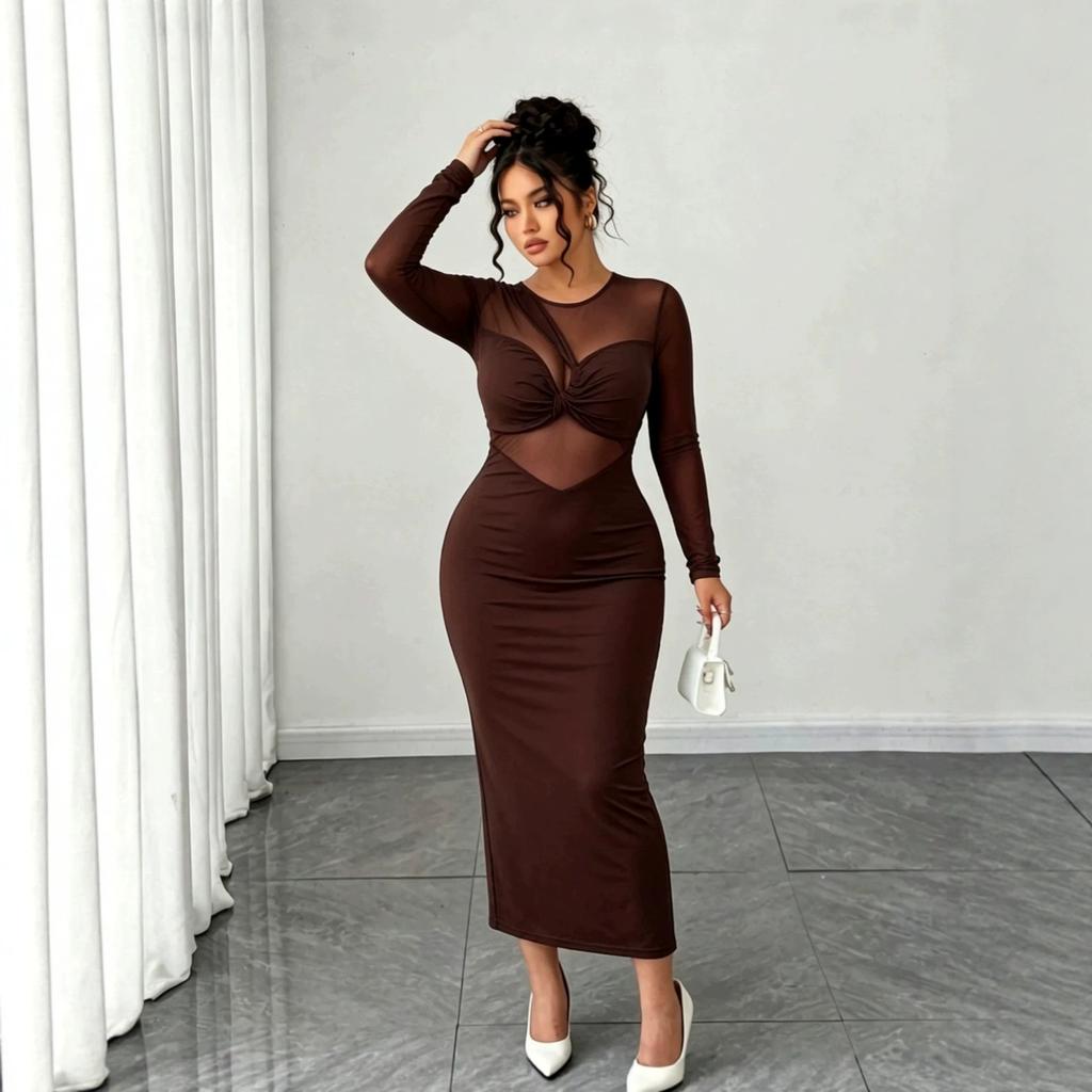 European and American sexy mesh stitching slim dress, kinked waist long-sleeved hip-wrapped dress custom D
