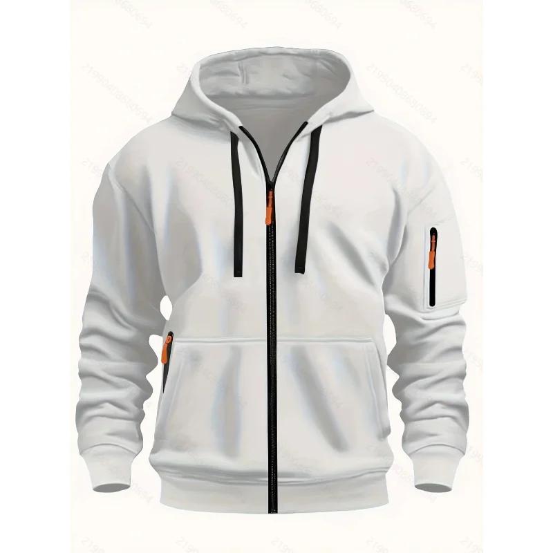 New European and American Spring and Autumn Men's Loose Hoodie Fleece Zipper Sweatshirt Neutral Multi-pocket Top