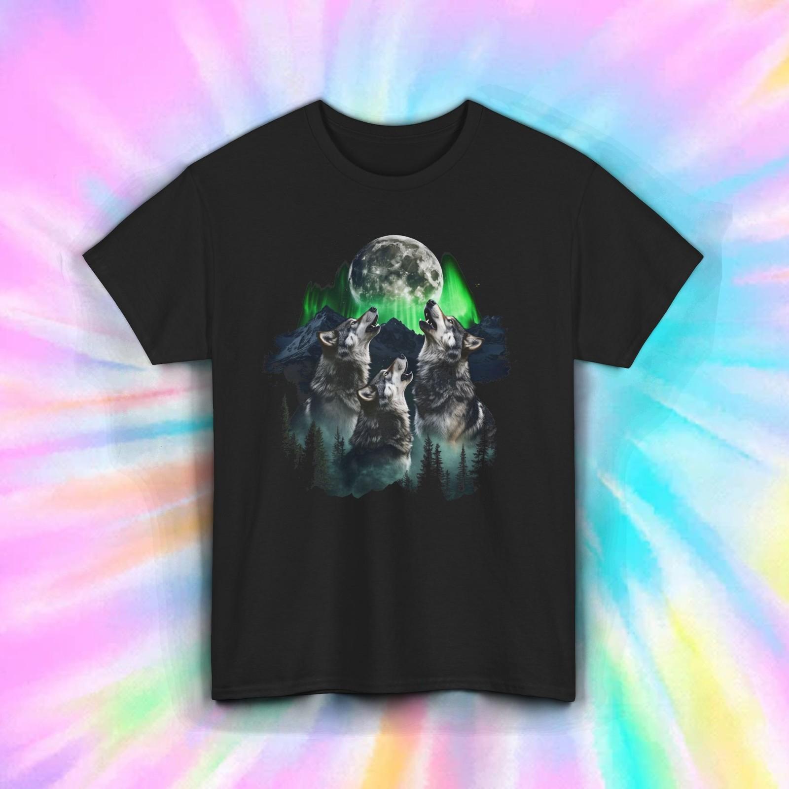 Three Wolves Howling Shirt Full Moon Nature Northern Lights Forest Tee S-5XL L