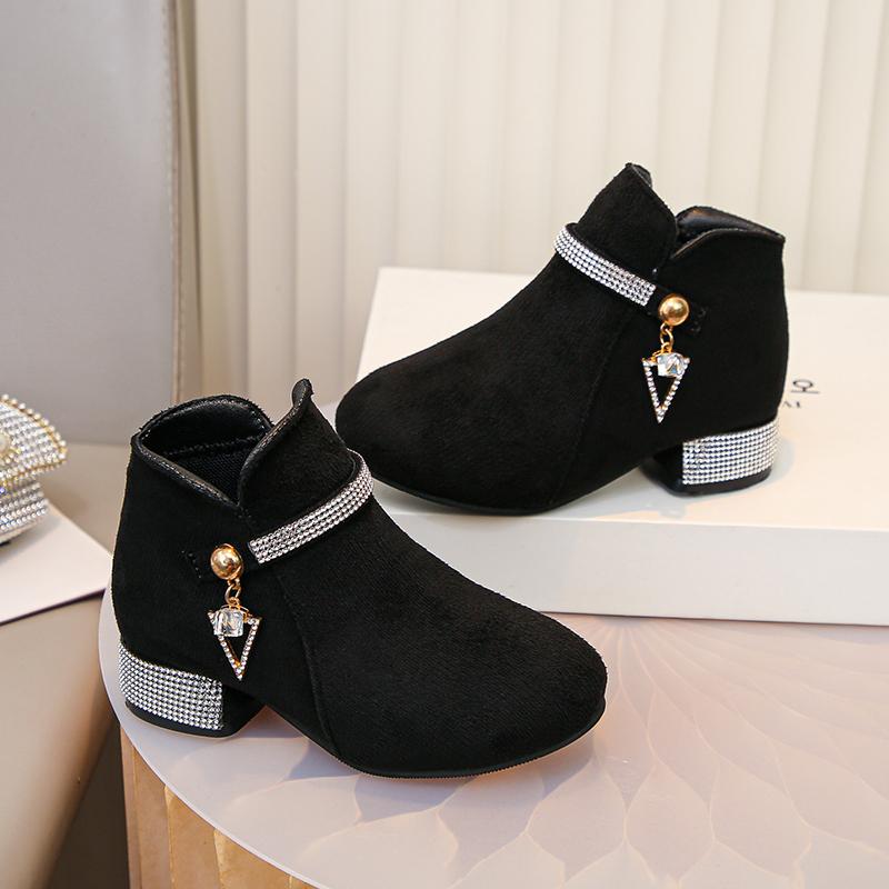 Girls Black Velvet Short Boots with Rhinestone Detail Autumn Kids Ankle Boots Elastic Cuff High Heel School Dance Shoes