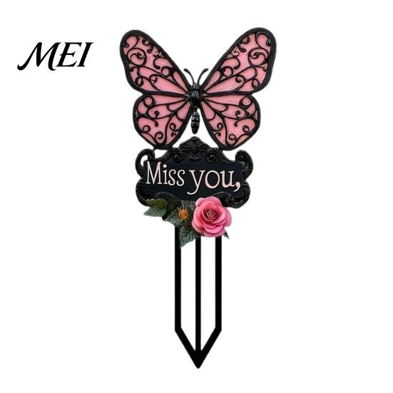 Outdoor Sympathy Gift Butterfly Memorial Garden Stake, Miss You Sign, Pink Acrylic Rose Decor Yard Art Stake for Lawn Courtyard Cemetery Decoration