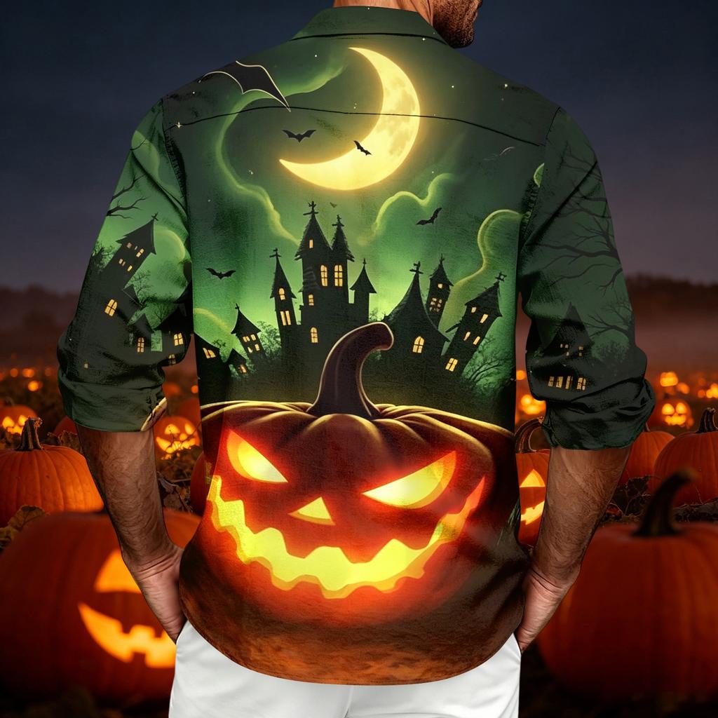 Men's Casual Long Sleeve Shirt with Halloween Print for Spring Fall