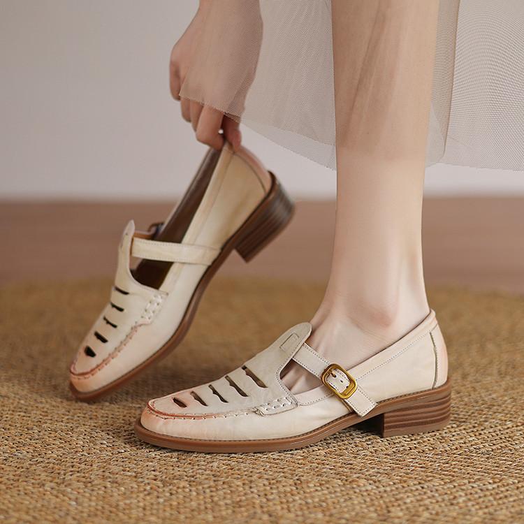 Fashion New Spring/Summer Genuine Leather Women Pumps Shoes for Women Fashion Hollow Out Mary Jane Shoes Round Toe Women Shoes Loafers