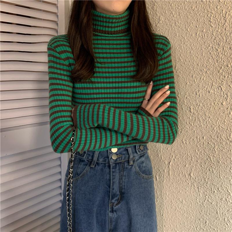 Herbst Winter Gestreiften Rollkragen Gestrickte Pullover für Frauen Neue Langarm Top Frauen Pullover Alle-spiel Bodenbildung Shirt