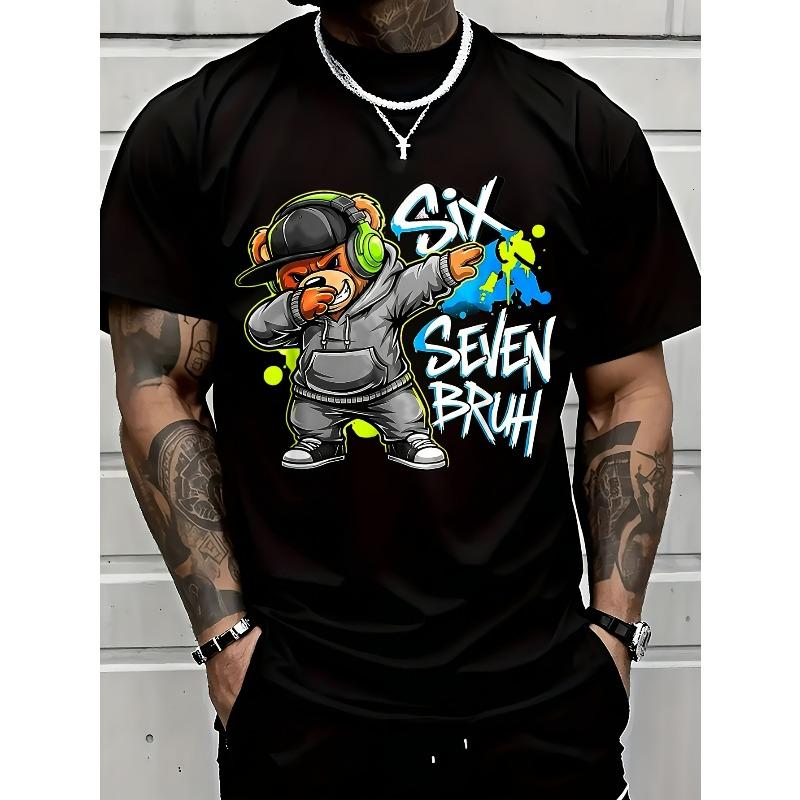 

European sizes Hip Hop Cartoon Bear Graphic T-Shirt with Bold SIX SEVEN BRUH Text 4XL чорний