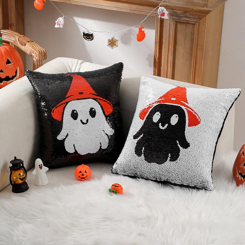 Halloween Ghost Pillow Cover Reversible Sequin Decor Throw Pillow Case Sofa Cushion Festive Home Decor for Christmas 4545cm400g 3294₽