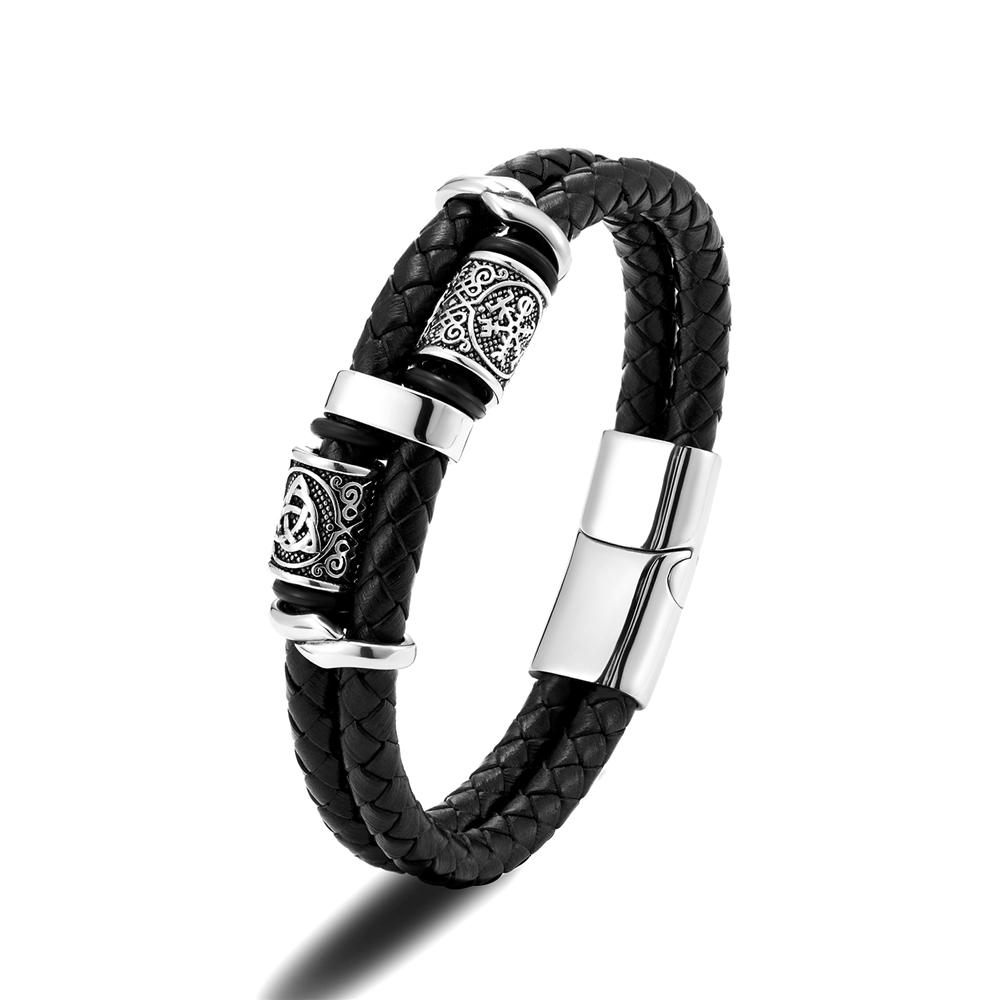 Norse Runes Double-Layer Genuine Leather Bracelet Men Stainless Steel Accessories Wristband Viking Couple Jewelry Handmade Gifts
