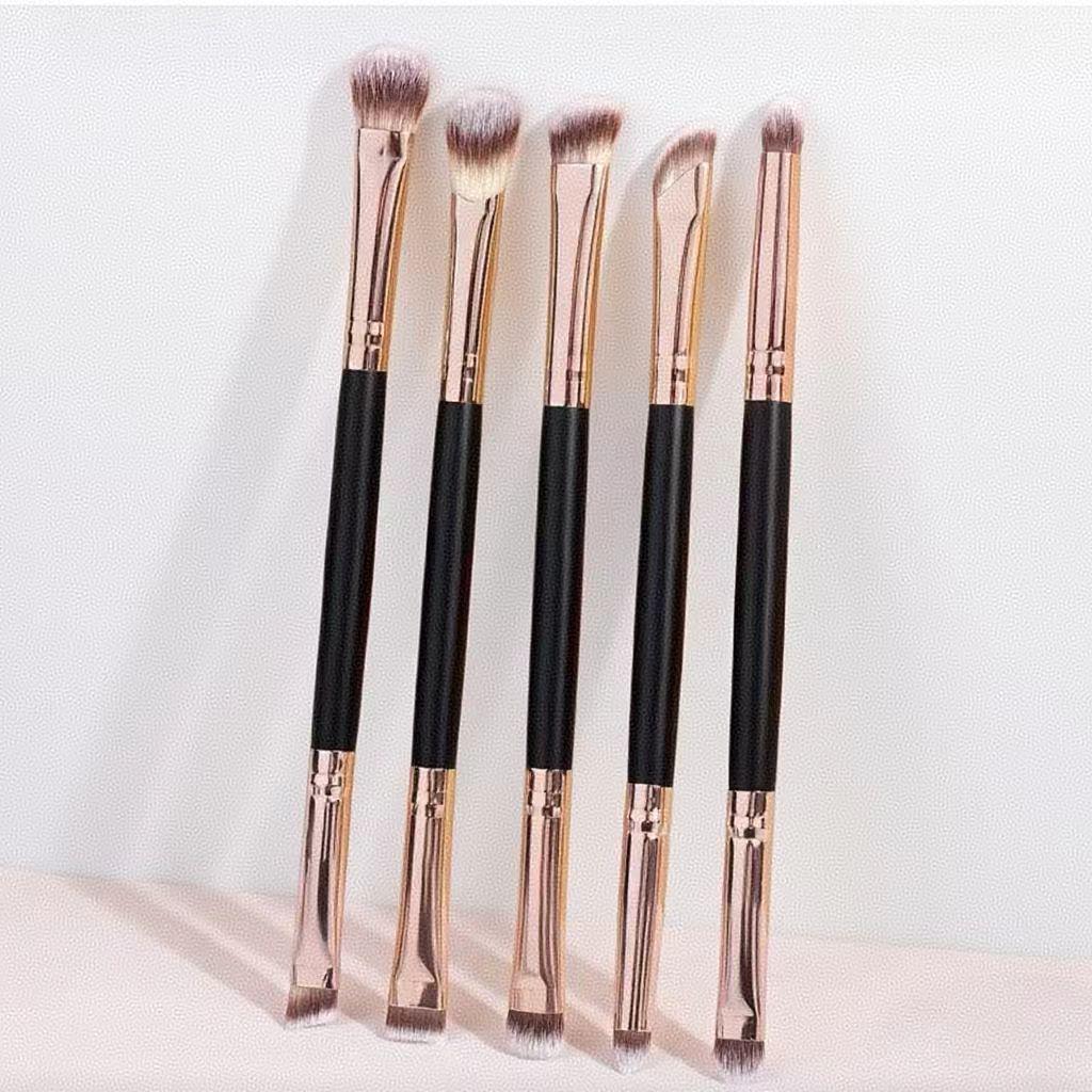 5 Double-Ended Makeup Brushes: Foundation, Blush, 3-Color Contour, Soft Bristle, Loose Powder, Beauty Tool Set