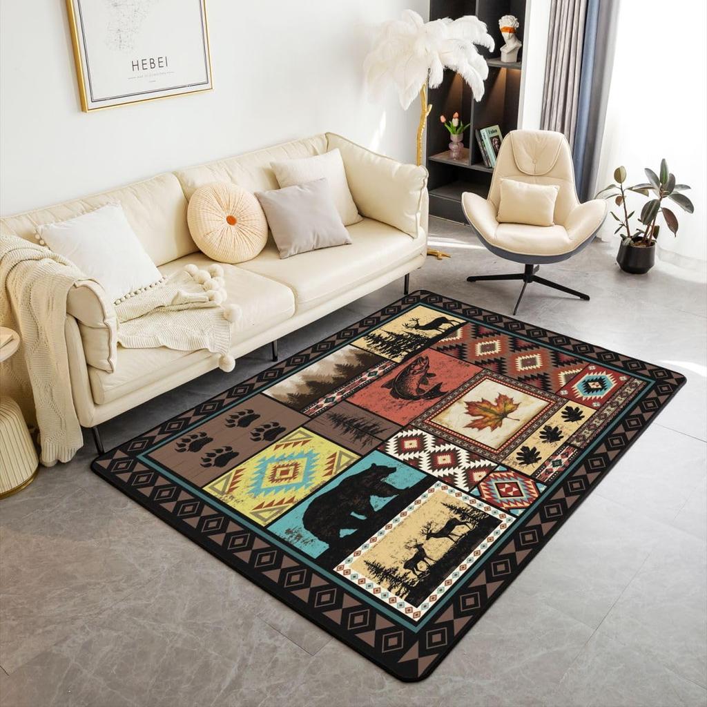 Erosebridal Farmhouse Deer Area Rug 5x7 for Living Room Camo Woodland Hunting Rugs for Bedroom Rustic Cabin Carpet Non Slip Wildlife Animal