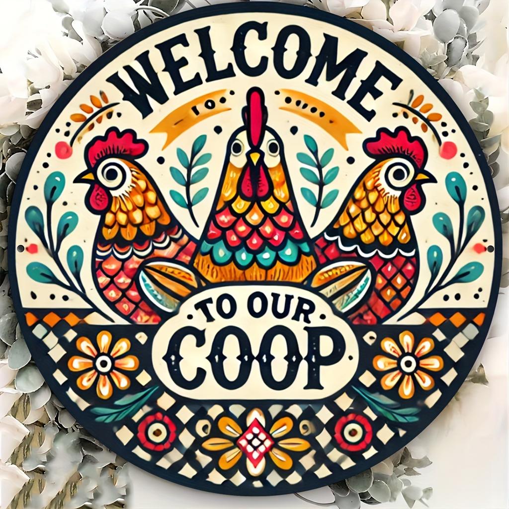 2d Flat 20*20cm, "Welcome To Our coop" Round Wooden Wall Decoration with Colorful Rooster and Floral Patterns, Suitable for farmhouse, Outdoor Use.