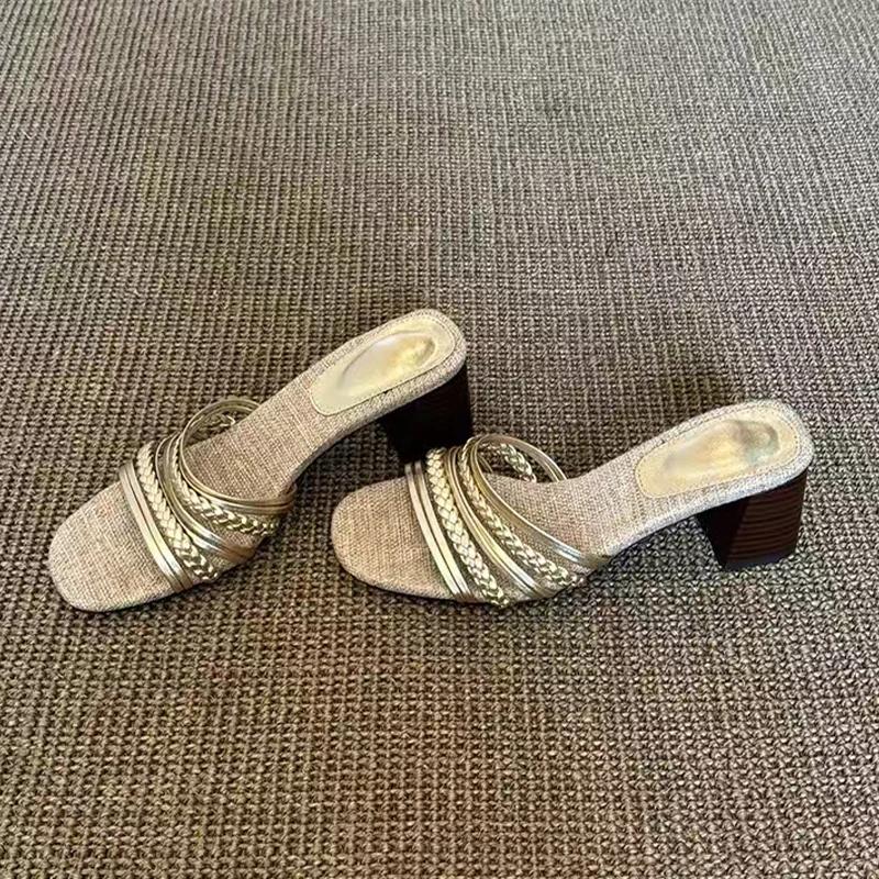 Fashion High Heels Women Slippers Chunky Shoes Fashion Heeled Sandals Woman Summer 2025 Pumps New Dress Slides Luxury Mujer De Sandalias