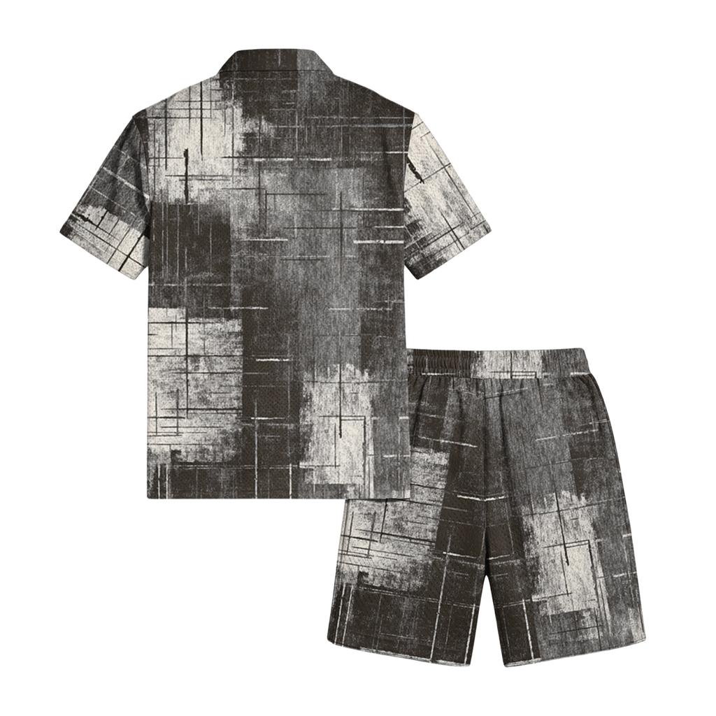 Casual Heren Korte Mouw Shirt met Kraag en Trekkoord Shorts Set Lichtgewicht Ademend Stof Textuur Print Zomer Outfit