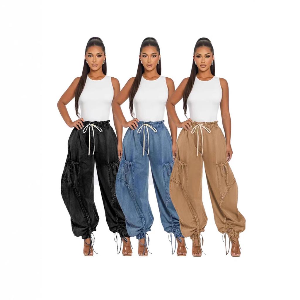 Sexy Wide Leg Jeans with Lacing Cargo Pants Women High-waisted Elegant Streetwear Denim Loose Trousers