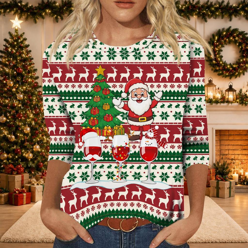 Women's Casual Christmas Print Three-Quarter Sleeve Neck Top