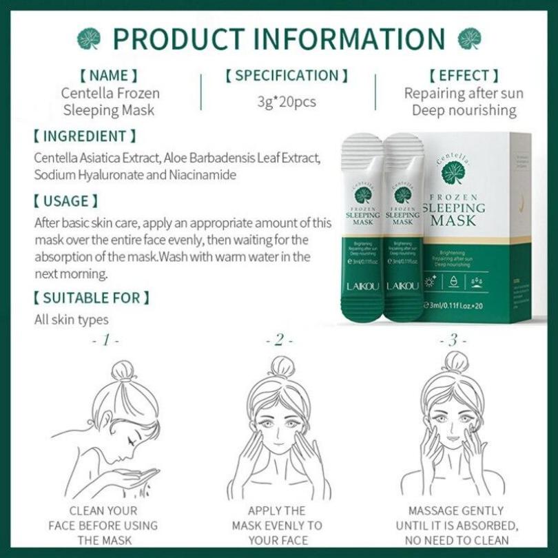 LAIKOU 20Pcs Moisturizing Whitening Night Time Face Mask with Centella Asiatica Extract