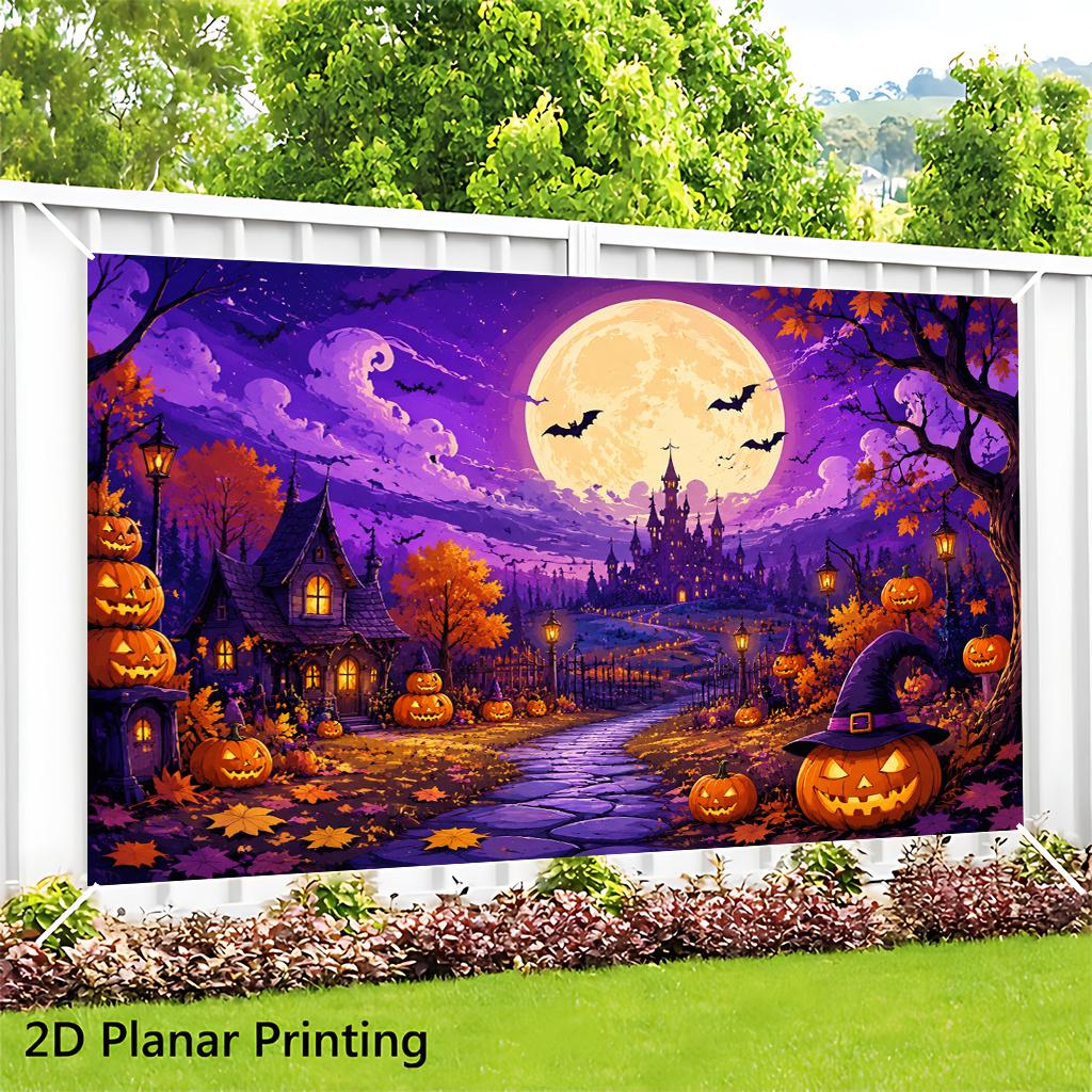 1 piece of 2D flat banner background cloth scene of Halloween pumpkin lanterns at night.zyc