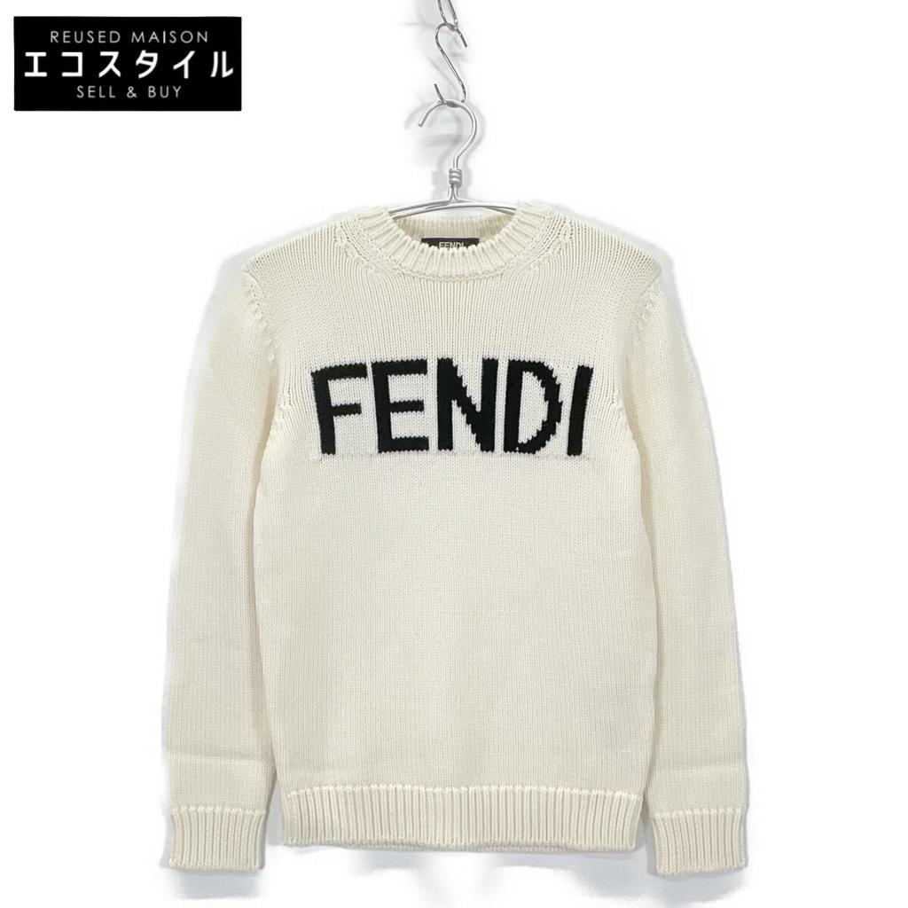 FENDI FZZ387 A3M3 Ivory x Black Wool Front Logo Crew Neck Knit Pullover tops 44 Ivory / BlackUsed