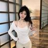 Swinging Collar Hanging Neck Long-sleeved T-shirt for Women, Slim and Thin In Spring and Autumn, Spice Girl Fake Two Pieces, Bottoming Shirt Inside