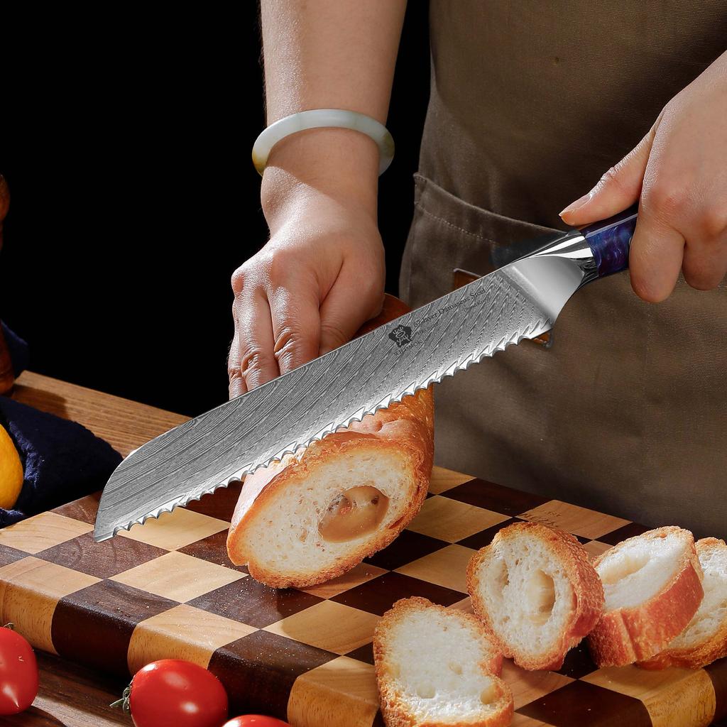 WILDMOK Damascus Serrated Steel Bread Knife, 8 Inches Serrated Bread Knife, Ergonomic Full Tang Resin Handle