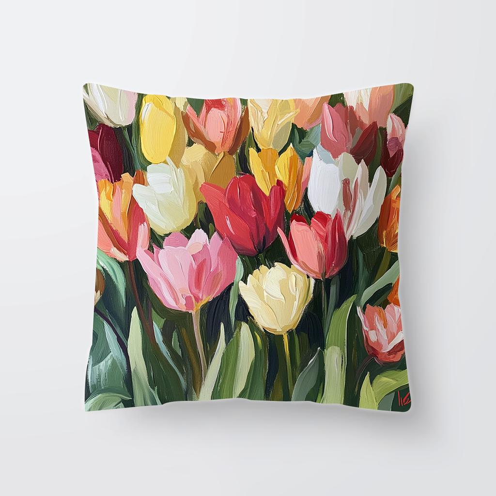 New Simple and Fashionable Tulip Flower Series Linen Single-sided Printed Pillow Case Sofa Decoration