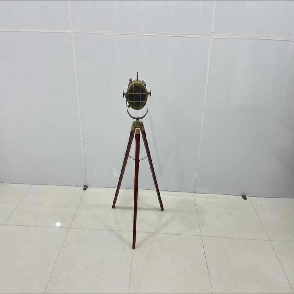 Décor Nautical Spot Light Floor Lamp Handmade Wooden Tripod Brass Antique Marine Studio Searchlight