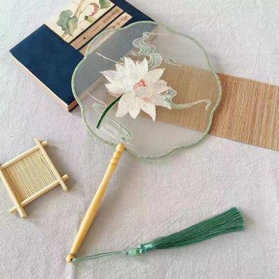 Retro Chinese-style Hand Fan Semi-transparent Long Handle Tassel Dance Fan Costume Hanfu Cheongsam Embroidery Round Fan