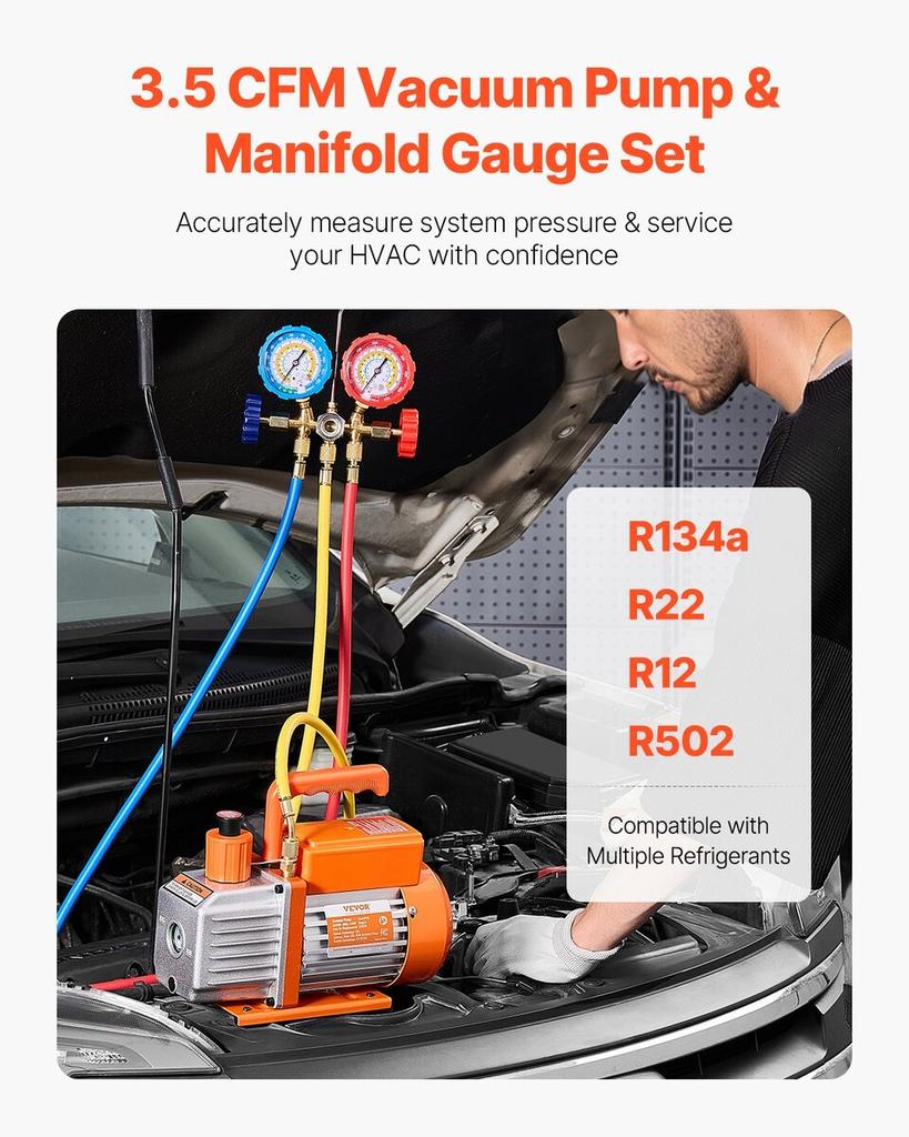 3.5 CFM HVAC Single Stage Rotary Vane Vacuum Pump and Manifold Gauge Kit Compatible with R134a, R22, R12, and R502 Refrigerants