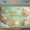 2D Mint Green Gold Butterfly & Cake Happy Birthday Backdrop Banner Photo Booth