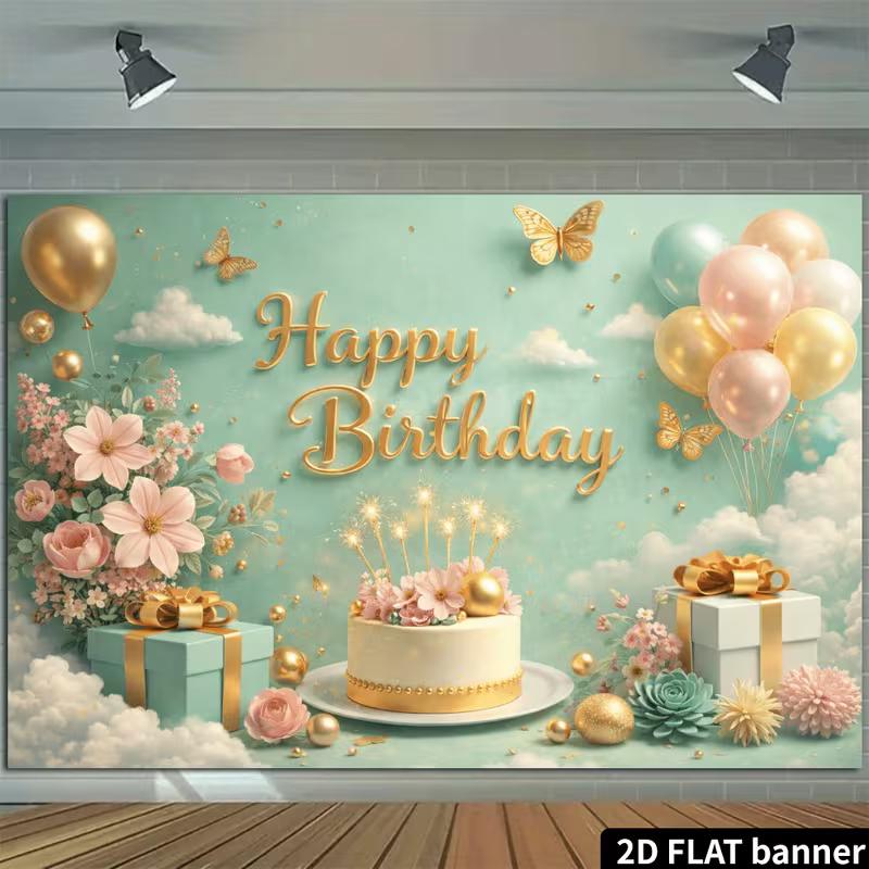 2D Mint Green Gold Butterfly & Cake Happy Birthday Backdrop Banner Photo Booth