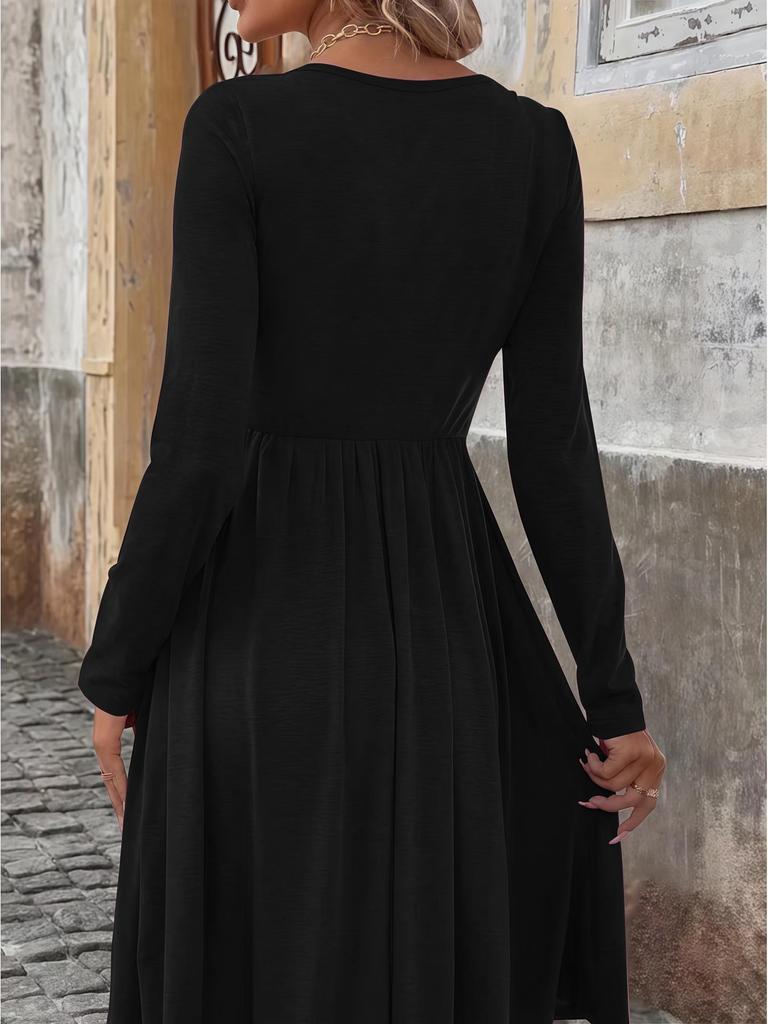 2025 Autumn Cross-Border Women's A-Line Dress - Waist-Cinching, Round Neck, Button Pocket, Knit Long Sleeve