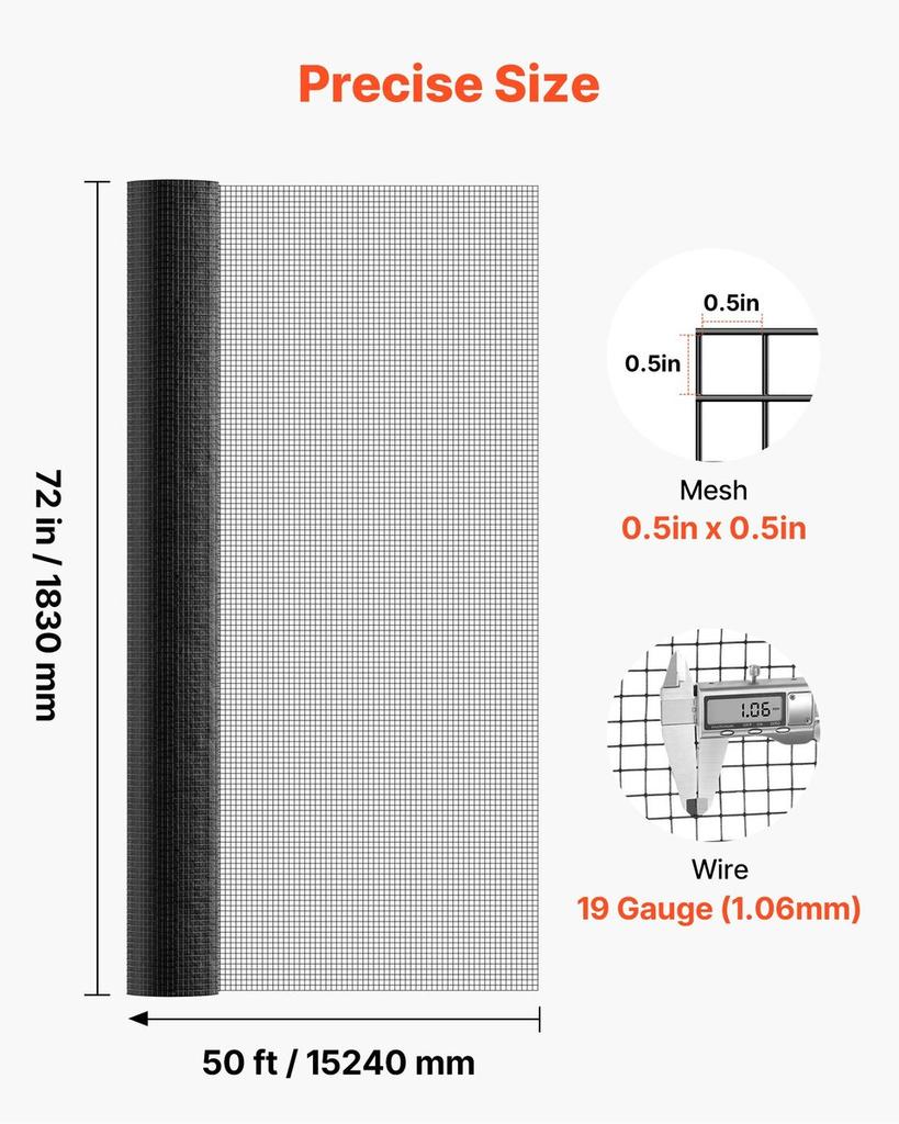 Hardware Cloth 183cm x 15.2m, 1/2 in 19 Gauge Galvanized Wire Mesh Roll, Weather-Resistant Vinyl Coated Chicken Wire Fencing, Heavy Duty Welded Garden