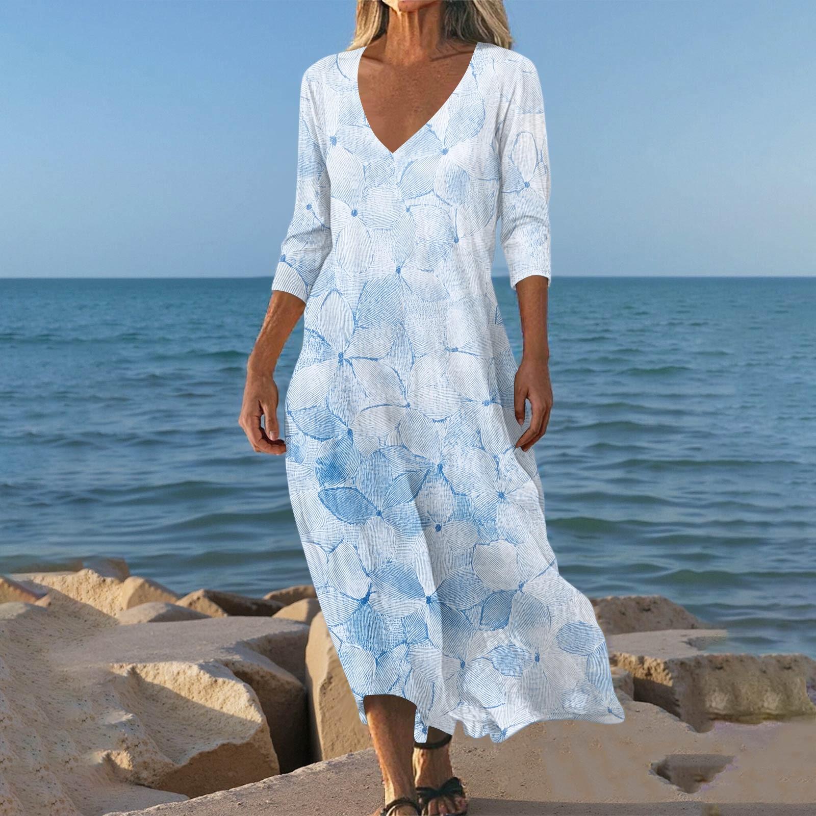 

Платья для женщин Винтажный принт Туника с завышенной талией Миди платье Летнее Повседневное платье с рукавом 3/4 XL