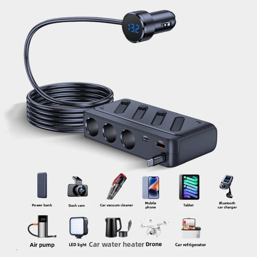 Retractable Car Charger Adapter 3 Socket 12V 24V with Type C PD Cable Vehicle Power Supply Multiple Device Charging