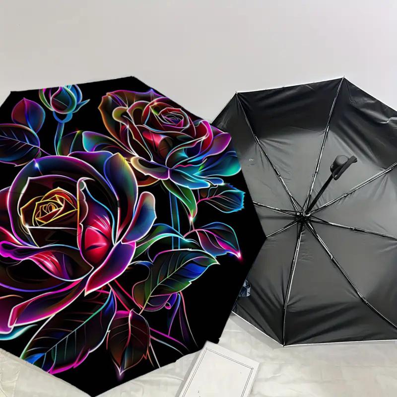 Neon Rainbow Rose Bouquet: Automatic Opening Folding Umbrella with 8-Bone Iron Frame, Perfect for Fans, Travelers, Daily Use, and Festive Gi
