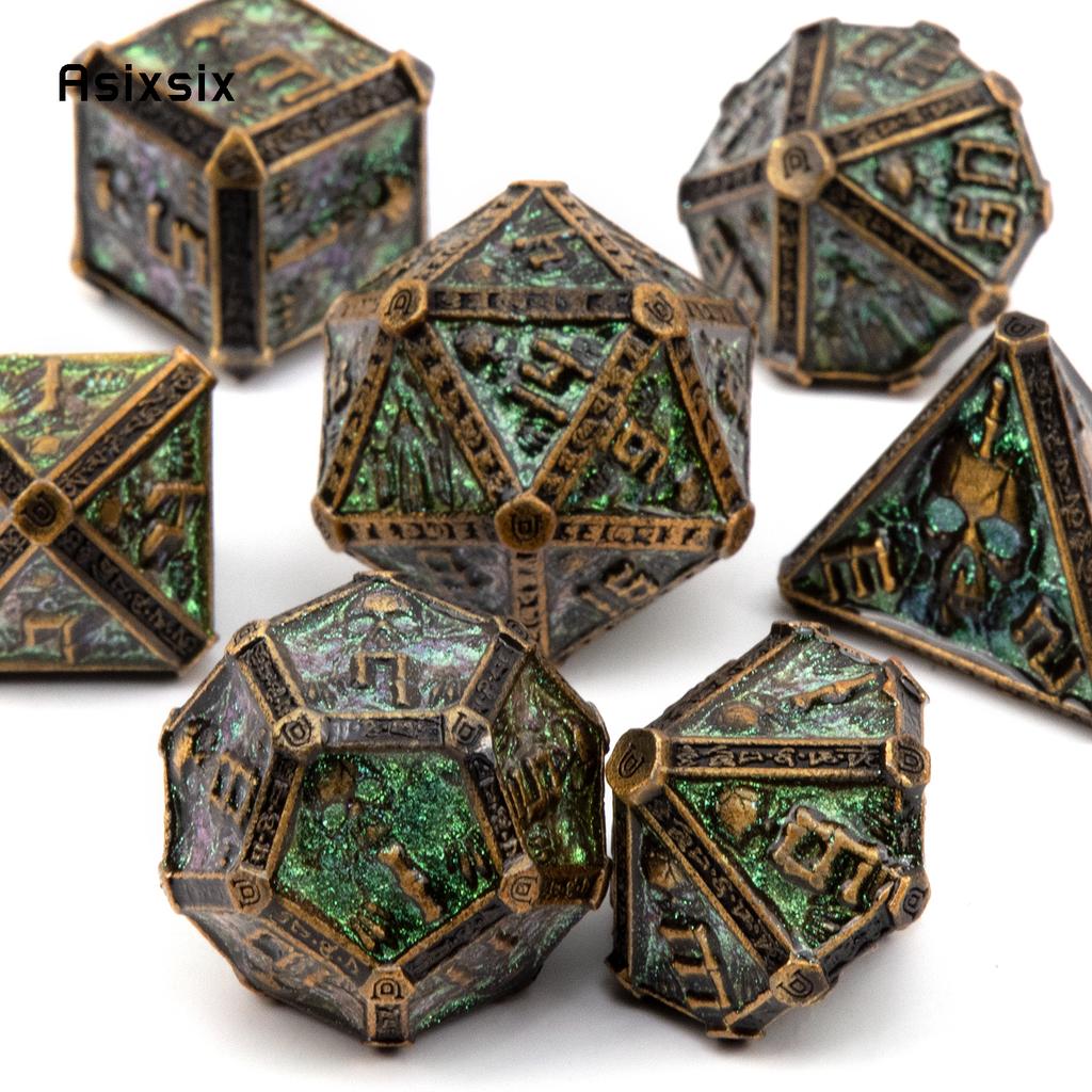 7 Pcs Copper Green Skull Metal Dice Solid Metal Polyhedral Dice Set Suitable for Role-Playing RPG  Board Game Card Game