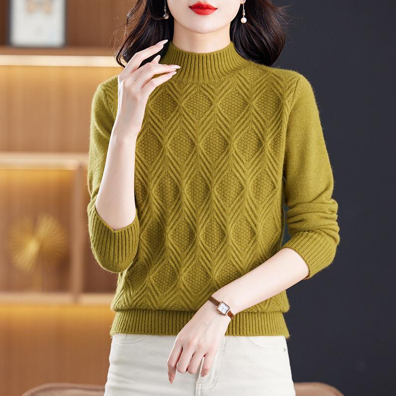 Autumn and Winter Style Long Sleeve Half High Neck Sweater Sweater Women's Korean Version Solid Color Fried Dough Twists Pullover Sweater