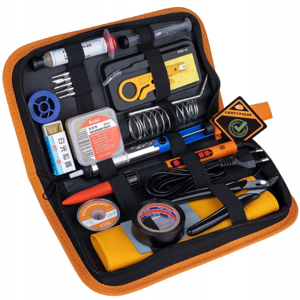 Rosfix Set Pro 80W LCD 17w1 – Lötset mit 6 Lötspitzen, Entlötpumpe, Pinzette, Zange, Etui | 180–500°C | ESD | PDF-Anleitung