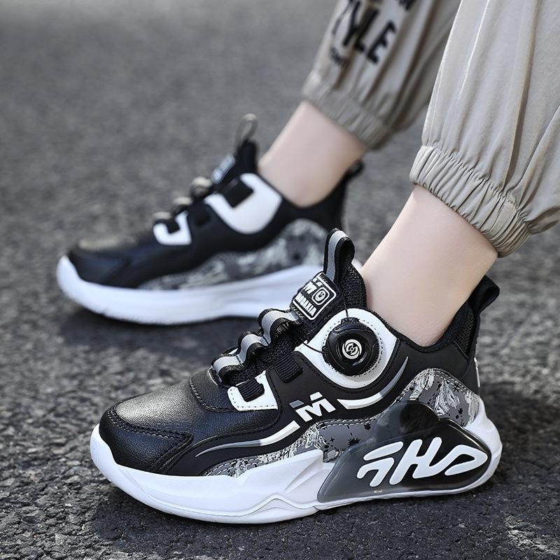 Autumn leather new children's sports shoes, boys and girls breathable rotating buckle sports running shoes shock absorption and non-slip