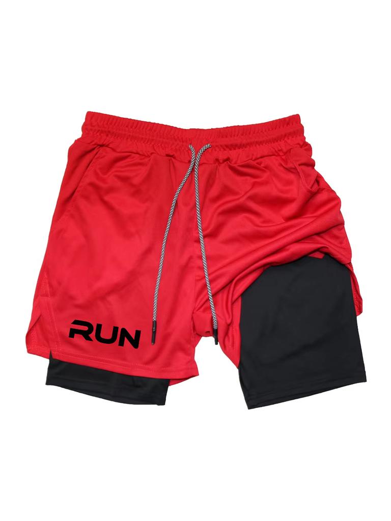 Men's 2-in-1 Running Shorts with RUN Print - Gym Workout Quick Dry Compression Sport Shorts for Fitness Jogging 00432