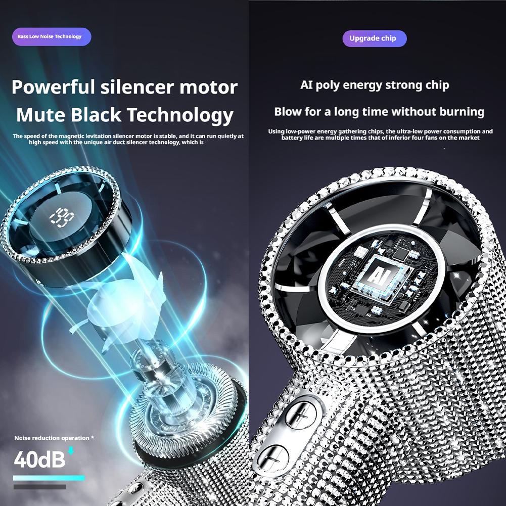 Full Diamond Luxury Craftsmanship Portable Handheld Turbo Fan 3 Gear Wind Long Battery Life With Digital Display