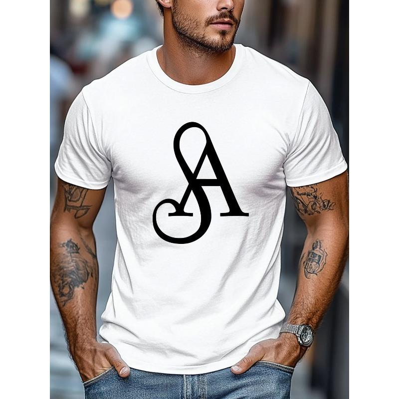 Plus-size Men s T-shirt, Casual and Relaxed, Men s Letter A Graphic Summer Casual Crew Neck Short Sleeve T-shirt, PLUS SIZE S белый