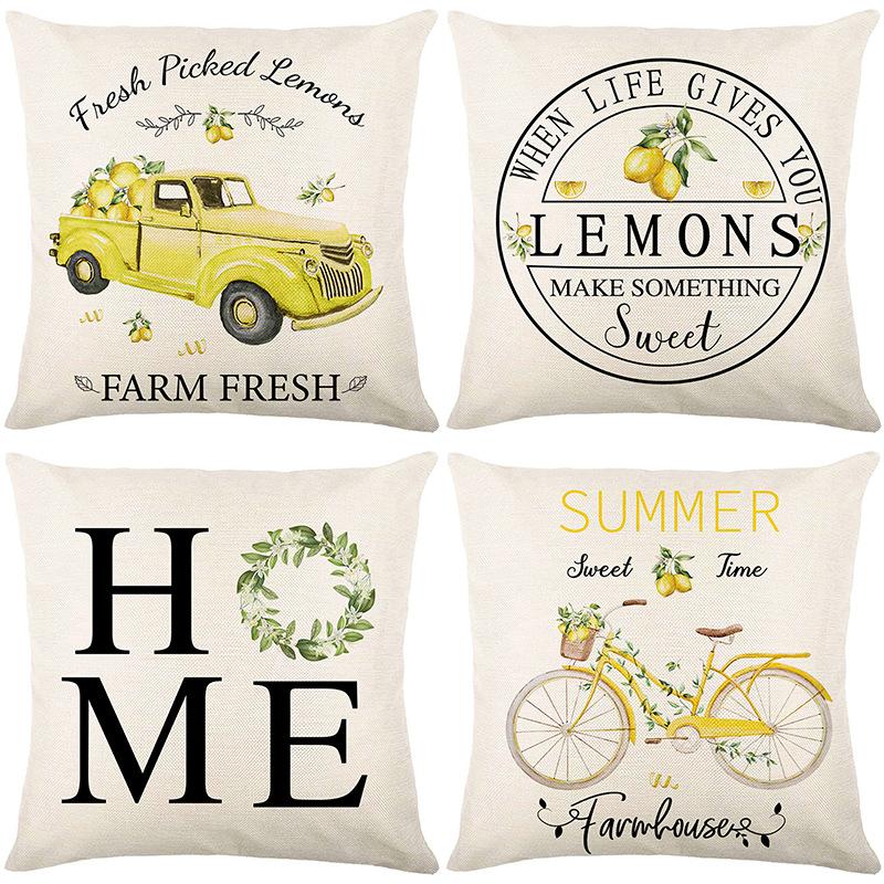 New Spring and Summer Pillow Cases Linen Yellow Lemon Truck Print Home Pillow Cushion Combination