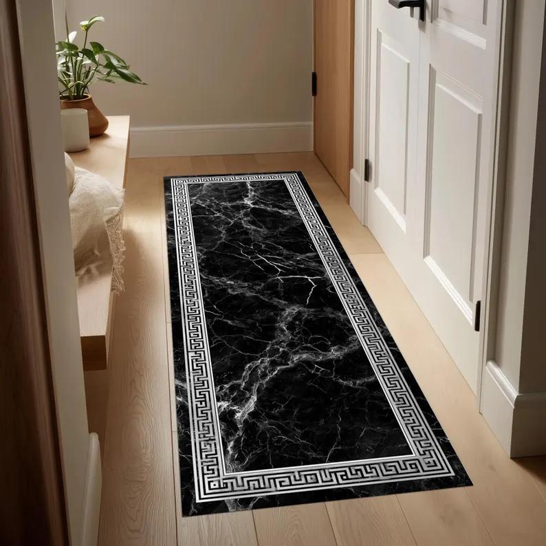 Border Runner Rug Black Gold Colored Marble Patterned Door Mat Entrance Hallway Bedside Sofa Carpet Home Decoration