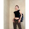 Front Shoulder Crew Neck Spice Girl Open Button Short Sleeve T-shirt, Summer New Short Top Women