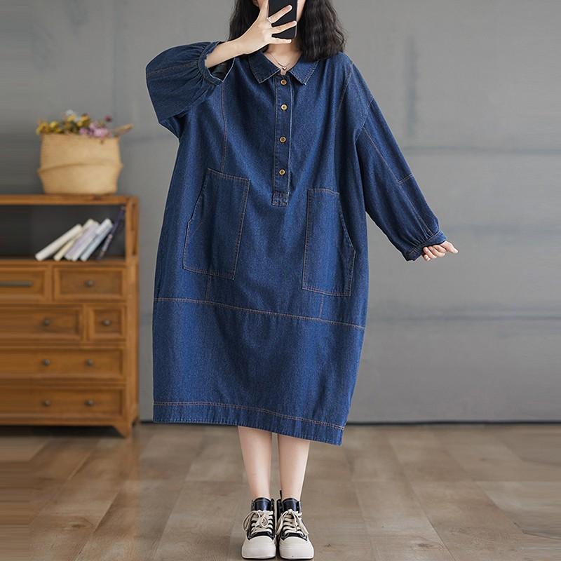 Women Casual Long Dress Turn-down Collar Solid Color Loose Female Denim Dresses